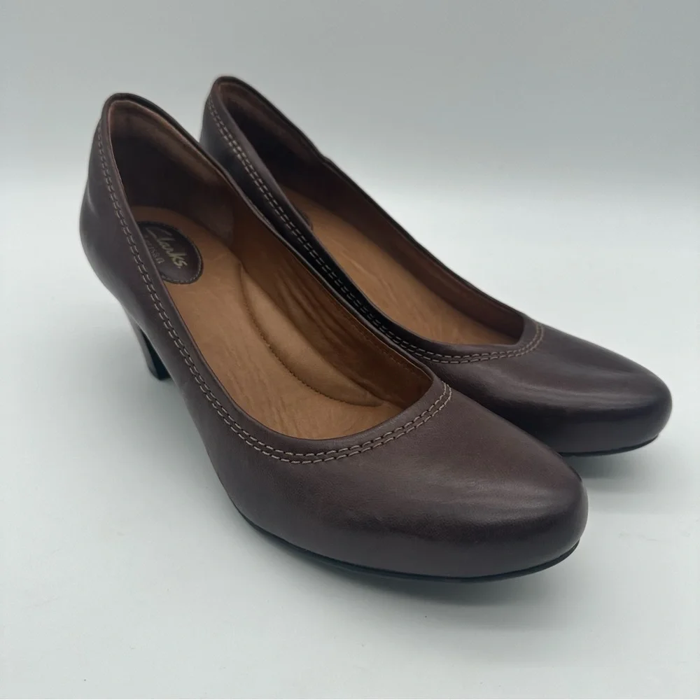 Clarks Dark Brown Leather Women's Almond Toe Pumps